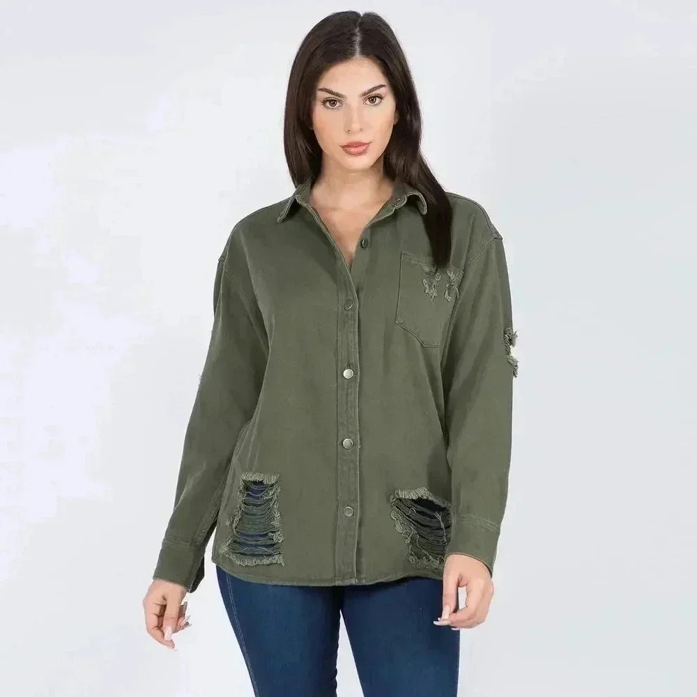 American Bazi Distressed Button Up Denim Jacket Olive Green Women’s 3X